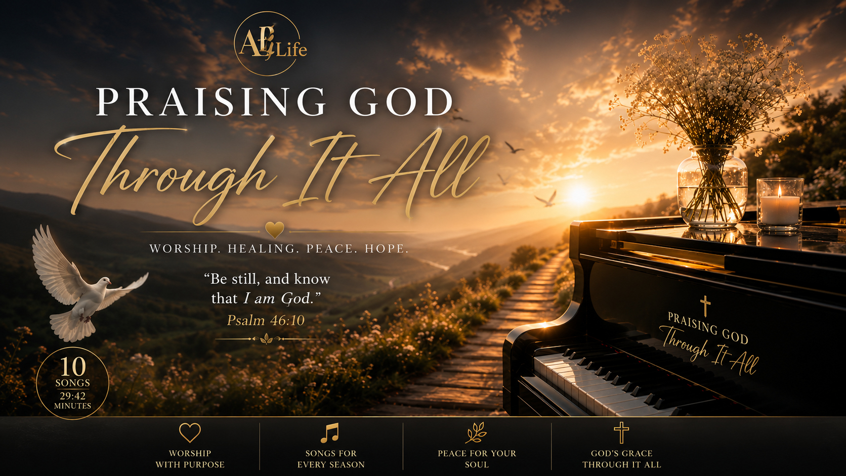 Praising God Through It All album cover with a grand piano at golden hour