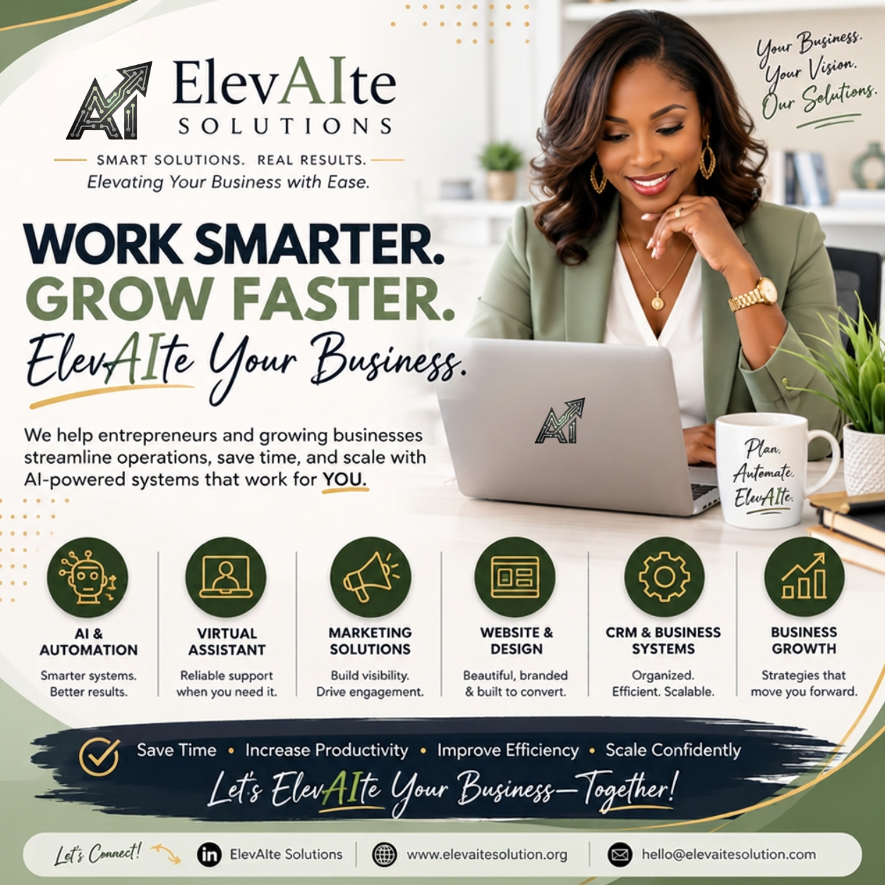 ElevAIte Solutions LinkedIn campaign graphic: Work Smarter. Grow Faster.