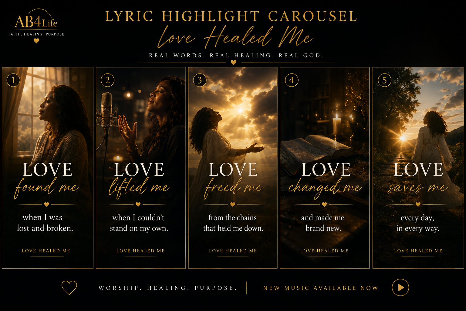 Instagram lyric carousel panels for Love Healed Me