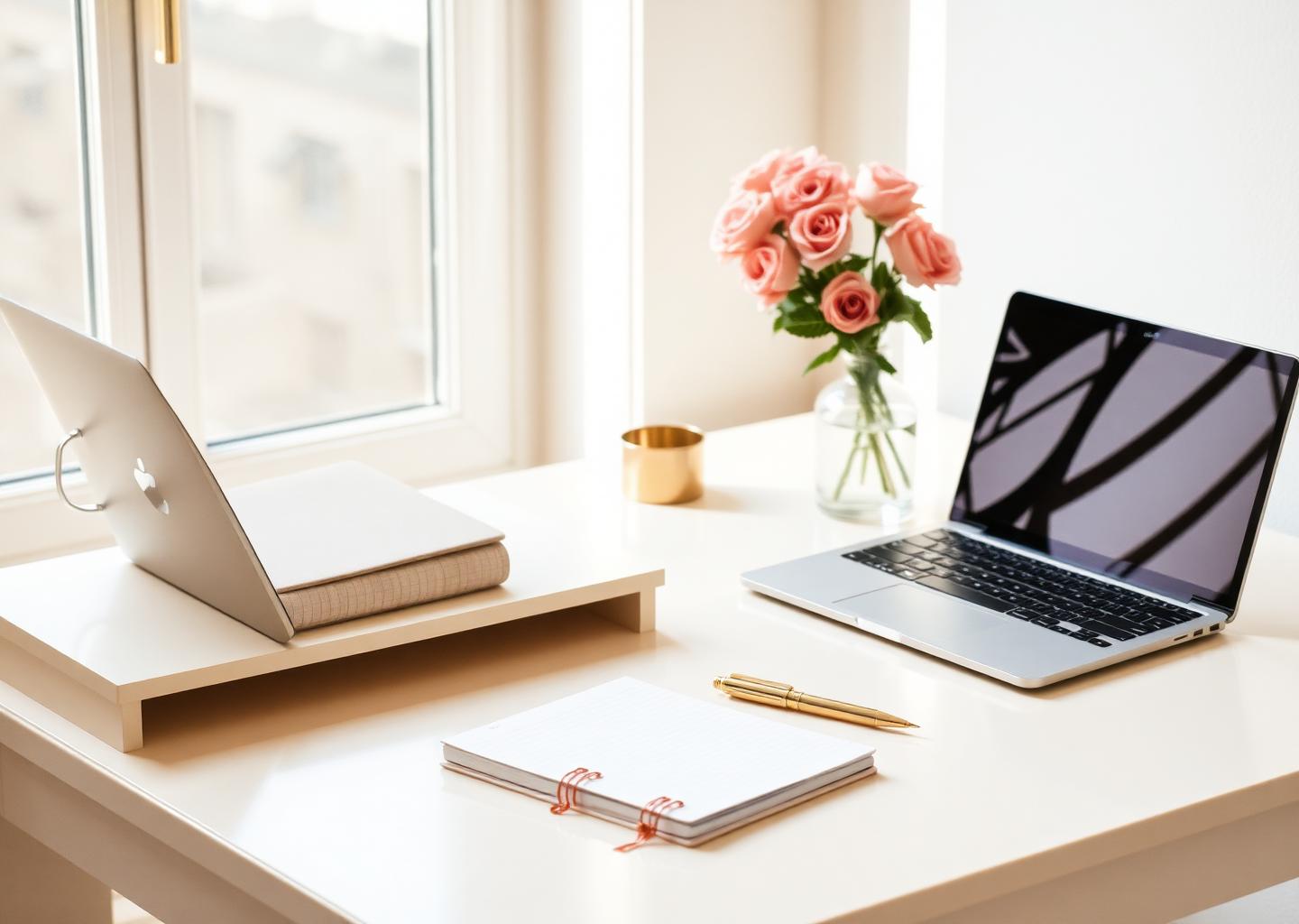 Angela's creative workspace with laptop, notebook and roses